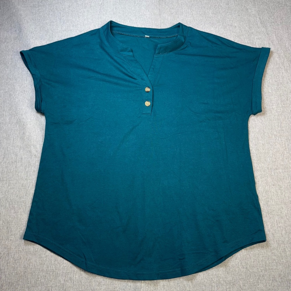 Womens Teal Green Short Sleeve Henley Blouse Cuffed Dolman Sleeve Top XL